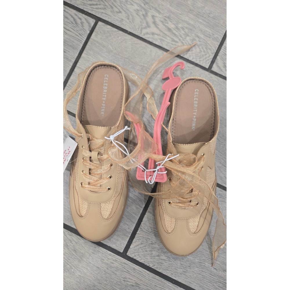 Celebrity Pink Wally Mule Sneakers Tan Raffia Organza Ribbon Lace Size 11 NEW